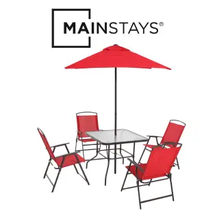 Mainstays Albany Lane Steel 6-Piece Outdoor Patio Dining Set with Umbrella, Red